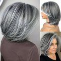 Short Human Hair Wig Colored Grey Brazilian Remy Hair Ombre Purple Silver Grey Wavy Nature Wig with Bangs Pixie Machine Made Wig