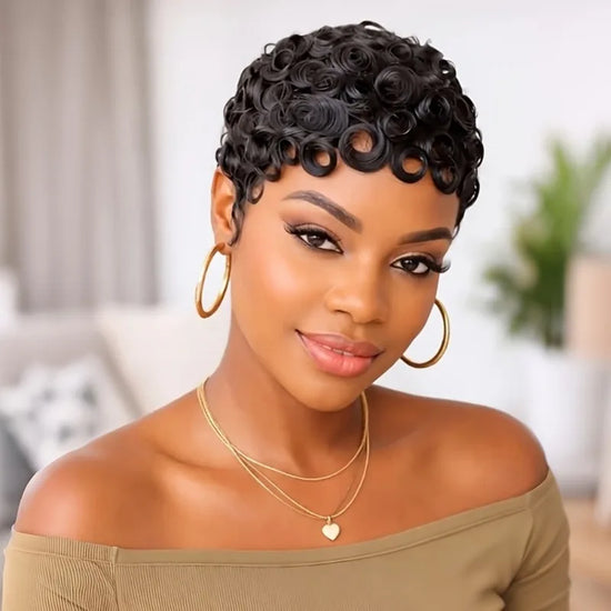 6 Inch Human Hair Short Wave Pixie Cut Wig Machine Made Remy Wigs for Women Color 1B