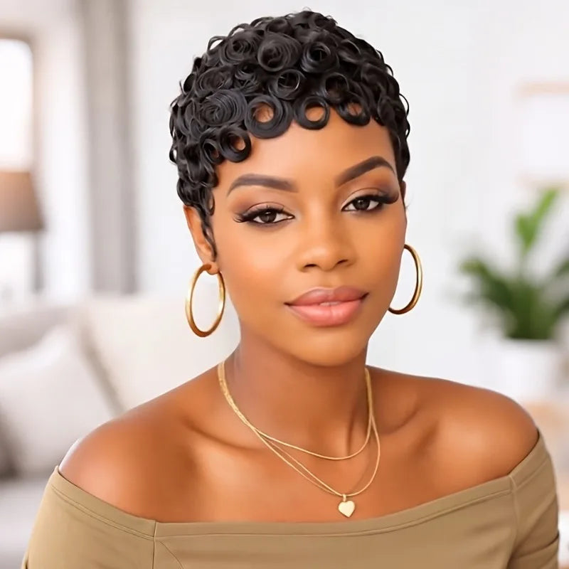 6 Inch Human Hair Short Wave Pixie Cut Wig Machine Made Remy Wigs for Women Color 1B