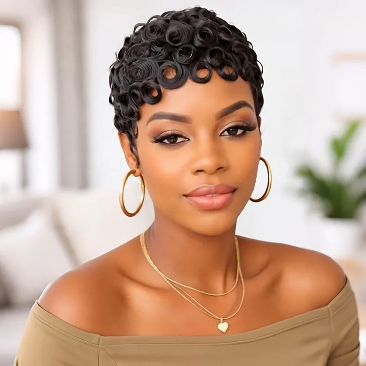6 Inch Human Hair Short Wave Pixie Cut Wig Machine Made Remy Wigs for Women Color 1B