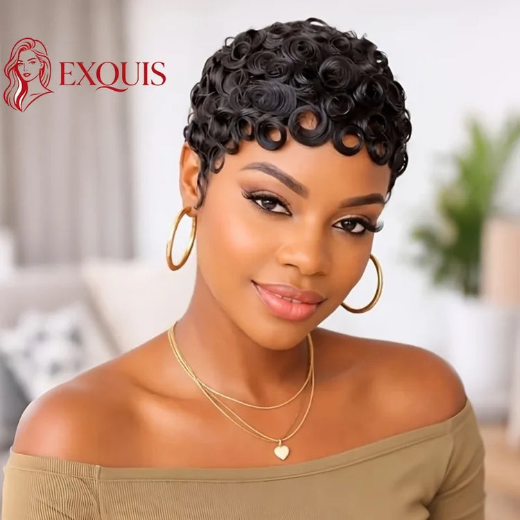 6 Inch Human Hair Short Wave Pixie Cut Wig Machine Made Remy Wigs for Women Color 1B