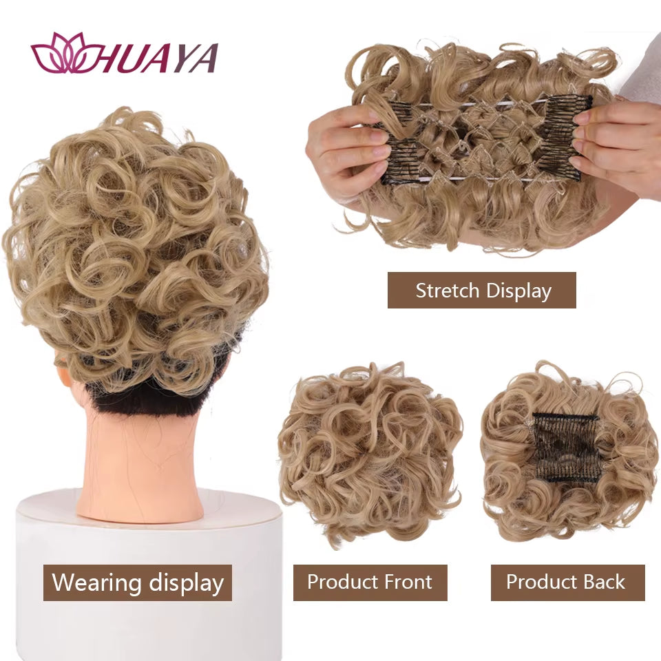 HUAYA Curly Chignon Messy Bun Updo Clip in Hair Piece Extensions Wiht Hairpins Elastic Band Synthetic Hair Bun Black Blonde