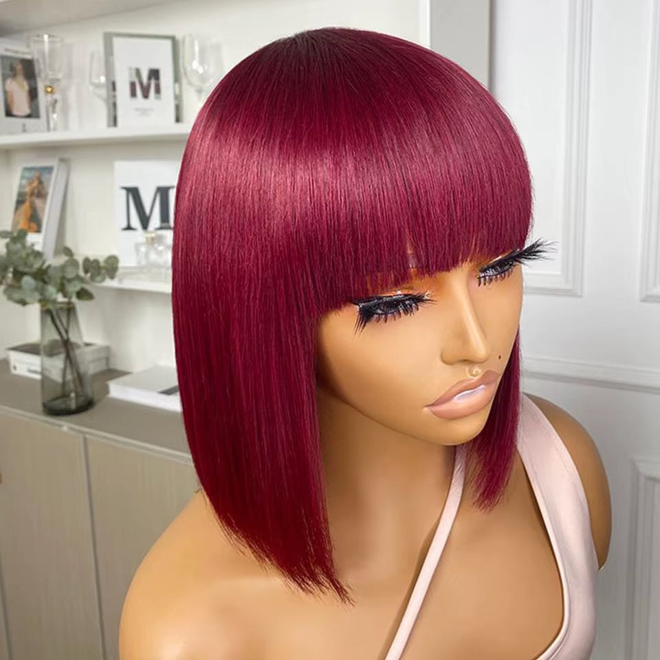 99J Burgundy Red Short Bob Human Hair Wig with Bangs