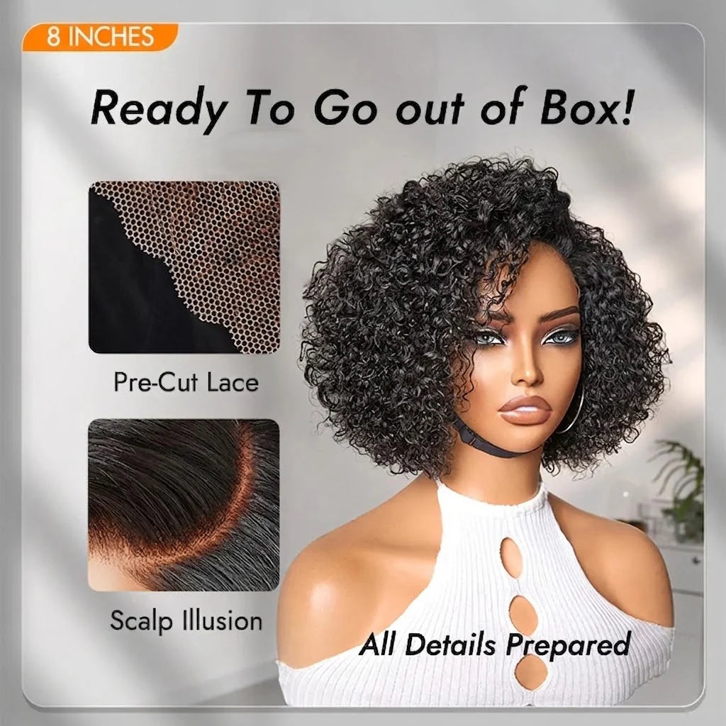 Tedhair 150% Density Trendy Short Cut Minimalist HD Lace Glueless Side Part Wig Kinky Curly