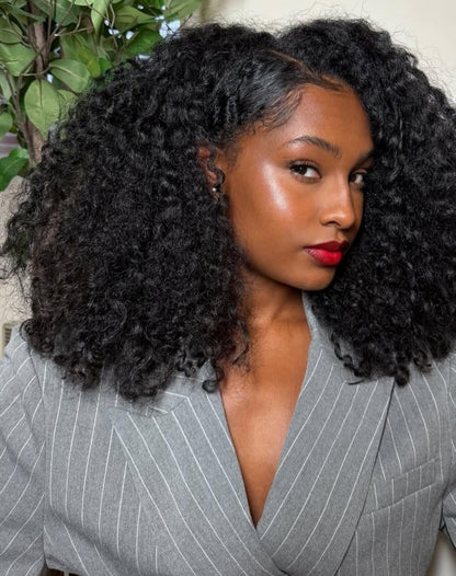 Kinky Curly Half Wig Human Hair 200% Density Wear Go Glueless Wigs Human Hair 3 In 1 Curly Half Wig Human Hair Drawstring Seamless Flip Headband Wig for Women Beginner Friendly Natural Black 18 Inch