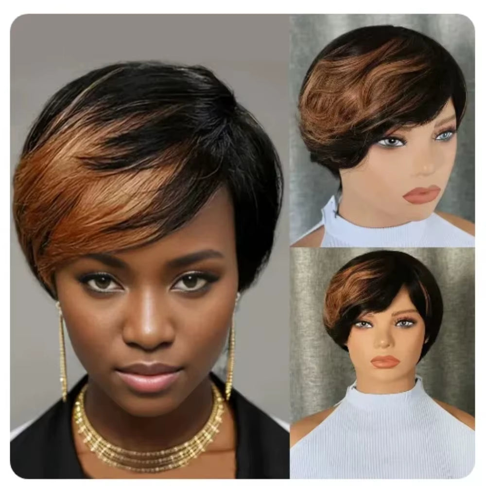 Ombre Pixie Cut Human Hair Wig with Bangs