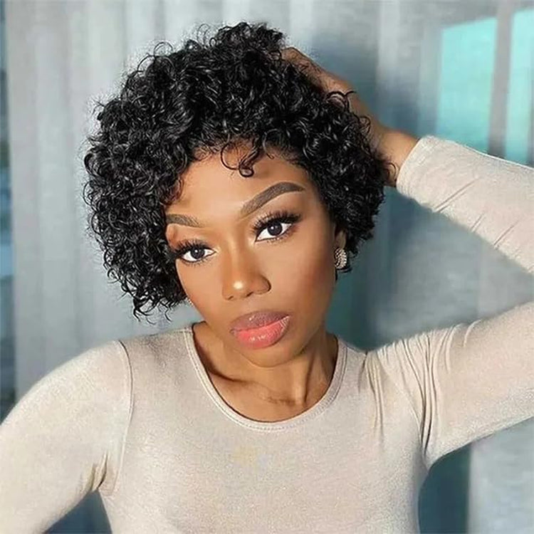 Short Pixie Cut Curly Lace Front Wigs Brazilian Remy Colored Human Hair Ombre Human Hair Wig HD Lace Front Wigs Pre Plucked 1 Inch Hairline Water Wave Pixie Cut Wigs for Black Women (