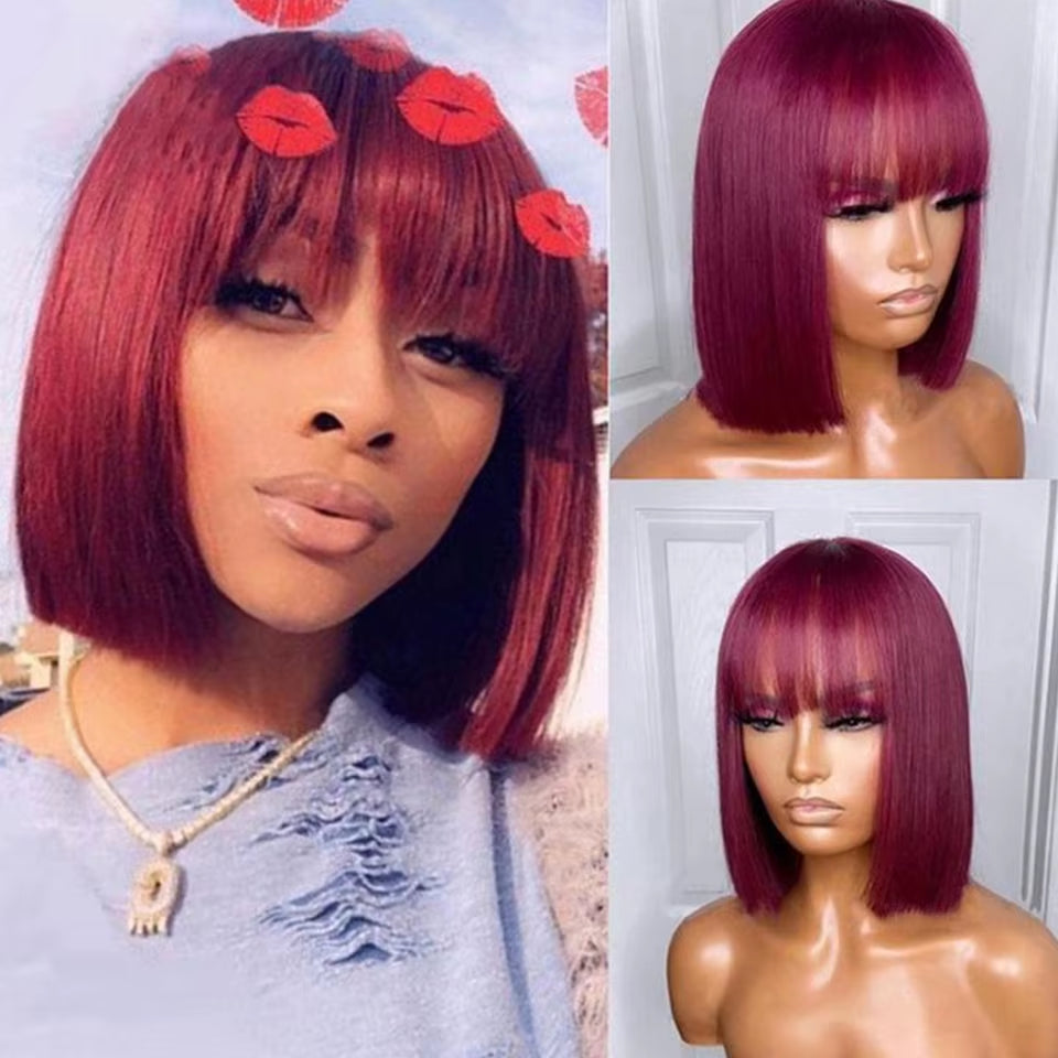 99J Burgundy Red Short Bob Human Hair Wig with Bangs
