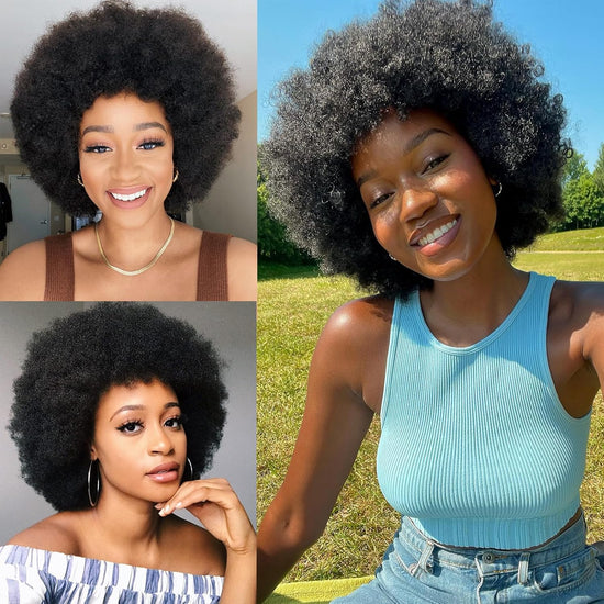 Short Afro Wigs 70’S Human Hair for Women(8 Inch),Black Afro Kinky Curly Wig with Bangs for Black Women Gluless,200 Density Big Afro Puff Wig