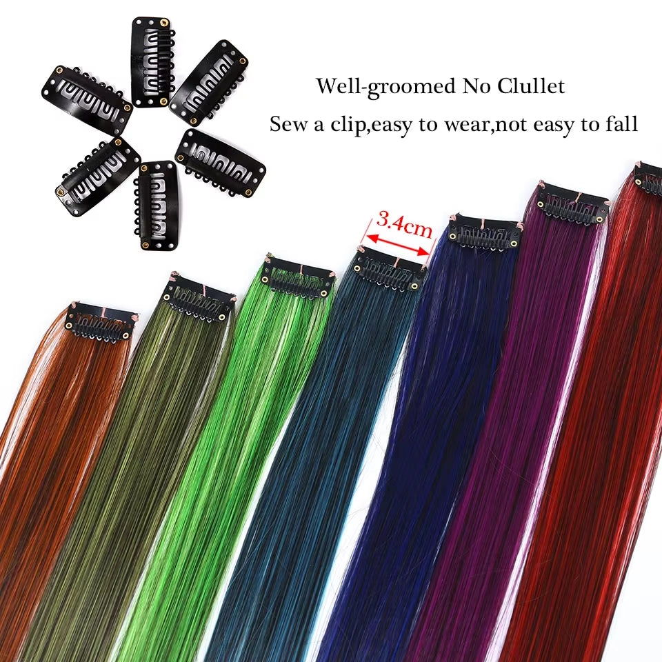 Lupu Synthetic Long Straight Rainbow Highlight Colored Hair Extensions Clip in Fake Hair Pieces for Women Heat Resistant