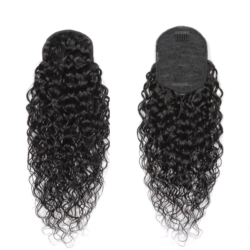 Water Wave Wrap-Around Drawstring Human Hair Ponytail Extension