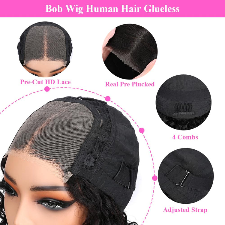 Human Hair 4X4 Glueless Curly Bob Wig 180% Density Lace Closure Kinky Curly Bob Wig for Black Women 12 Inch