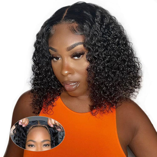 Human Hair 4X4 Glueless Curly Bob Wig 180% Density Lace Closure Kinky Curly Bob Wig for Black Women 12 Inch