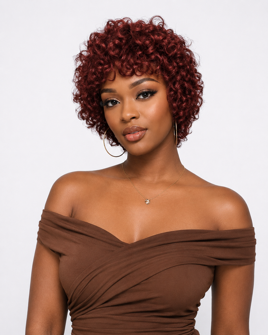 99J Burgundy Afro Puff Pixie Bob Glueless Lace Human Hair Wig