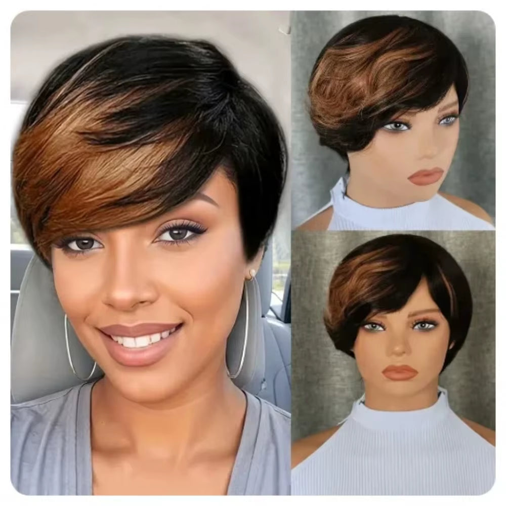 Ombre Pixie Cut Human Hair Wig with Bangs