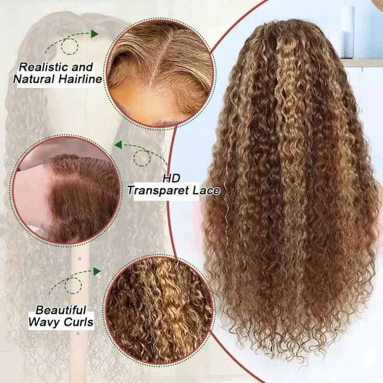 13X4 Lace Front Highlight Curly Wig Human Hair Glueless HD Deep Wave Preplucked 4/27 Colored Wig for Women