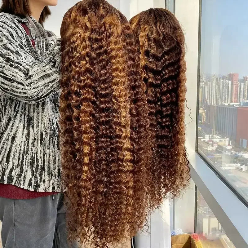13X4 Lace Front Highlight Curly Wig Human Hair Glueless HD Deep Wave Preplucked 4/27 Colored Wig for Women