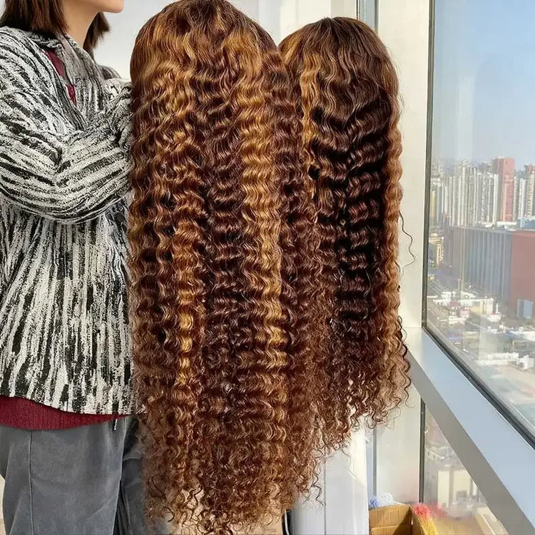 13X4 Lace Front Highlight Curly Wig Human Hair Glueless HD Deep Wave Preplucked 4/27 Colored Wig for Women