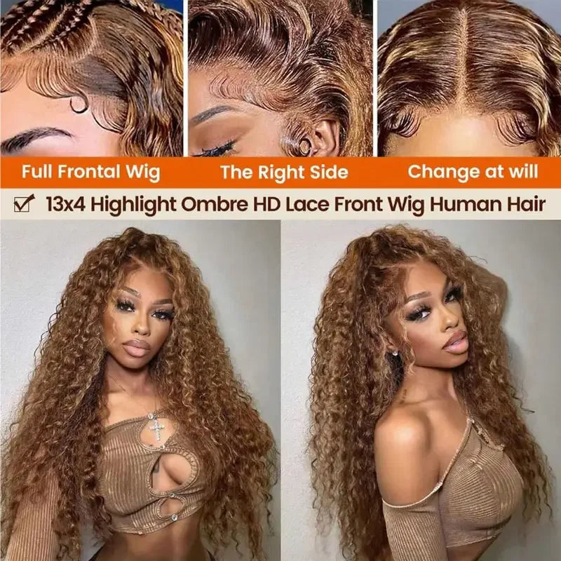13X4 Lace Front Highlight Curly Wig Human Hair Glueless HD Deep Wave Preplucked 4/27 Colored Wig for Women