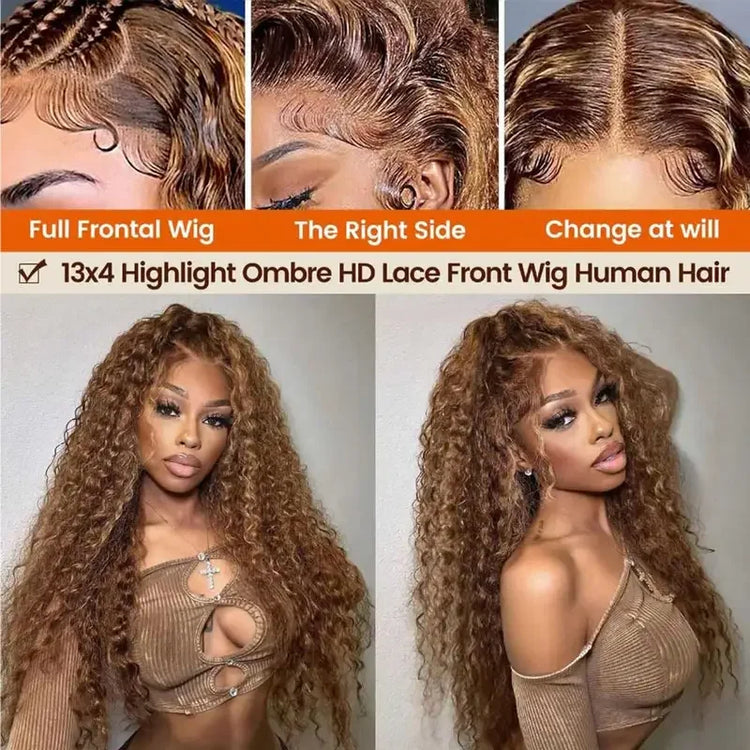 13X4 Lace Front Highlight Curly Wig Human Hair Glueless HD Deep Wave Preplucked 4/27 Colored Wig for Women