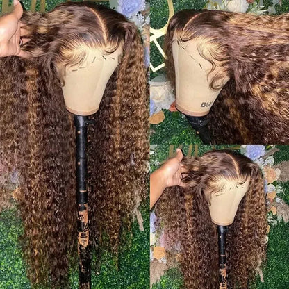 13X4 Lace Front Highlight Curly Wig Human Hair Glueless HD Deep Wave Preplucked 4/27 Colored Wig for Women