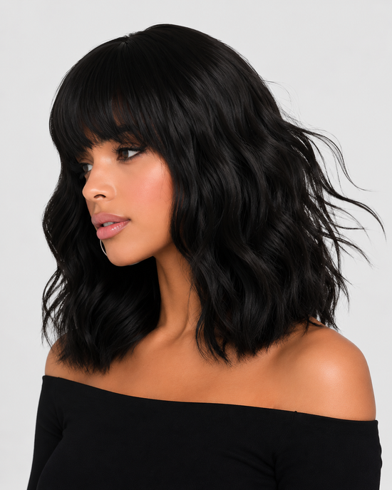 Body Wave Bob Wig with Bangs Short Full Machine Made Human Hair Wigs 220% Density Loose Body Wave Brazilian Natural Black Color