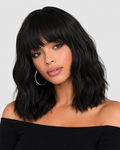 Body Wave Bob Wig with Bangs Short Full Machine Made Human Hair Wigs 220% Density Loose Body Wave Brazilian Natural Black Color