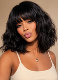 Body Wave Bob Wig with Bangs Short Full Machine Made Human Hair Wigs 220% Density Loose Body Wave Brazilian Natural Black Color