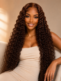 Deep Wave Human Hair Wigs Chocolate Brown 13X6 Hd Lace Frontal Wig Human Hair 250 Density Curly Pre Plucked Brazilian Wigs