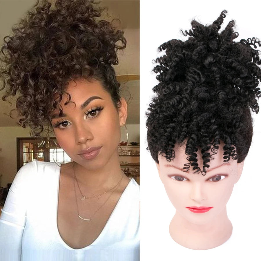 High Puff Afro Kinky Curly Synthetic Ponytail with Bangs Ponytail Hair Extension Drawstring Short Afro Pony Tail Clip in