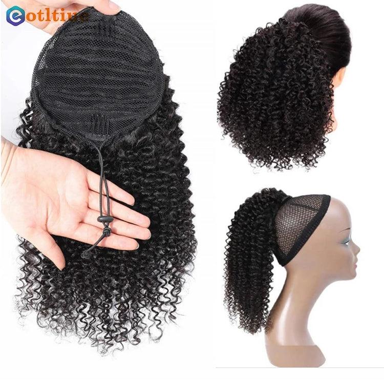 Ponytail Human Hair Kinky Curly Ponytail Brazilian Drawstring Ponytail Clip in Hair Extensions Remy Human Hair Curly Hair Tail