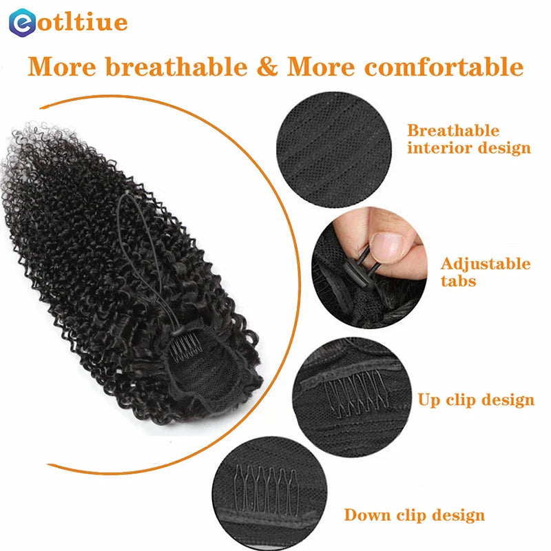 Ponytail Human Hair Kinky Curly Ponytail Brazilian Drawstring Ponytail Clip in Hair Extensions Remy Human Hair Curly Hair Tail
