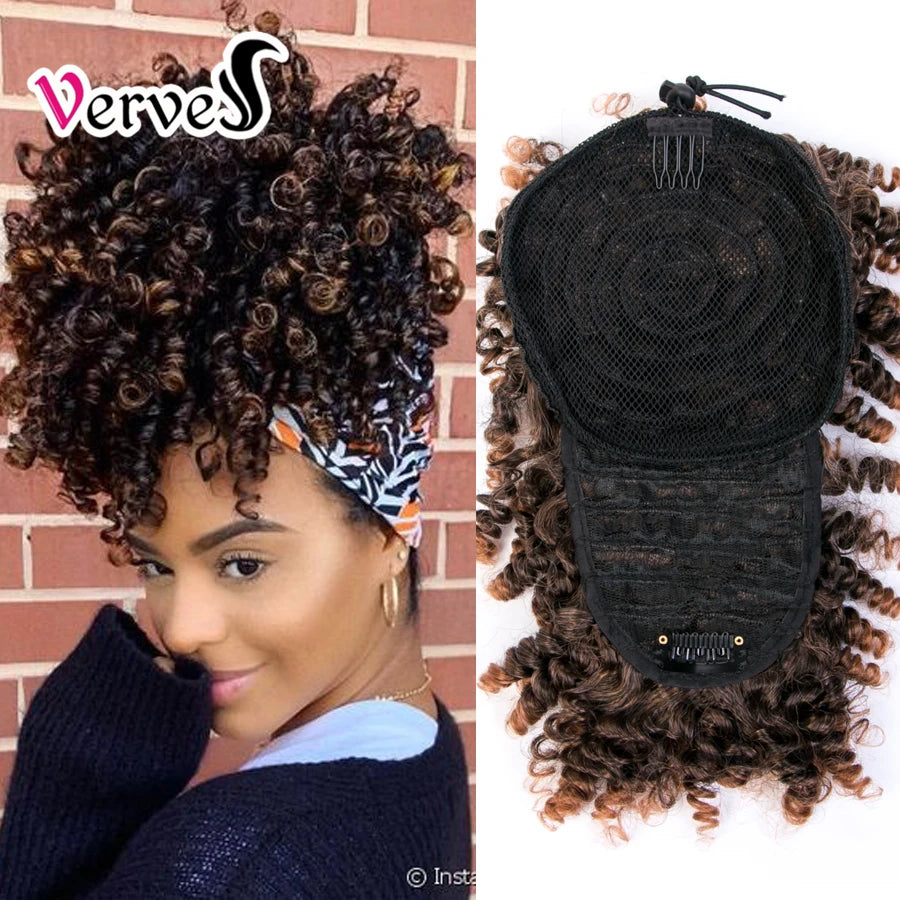 High Puff Afro Kinky Curly Synthetic Ponytail with Bangs Ponytail Hair Extension Drawstring Short Afro Pony Tail Clip in