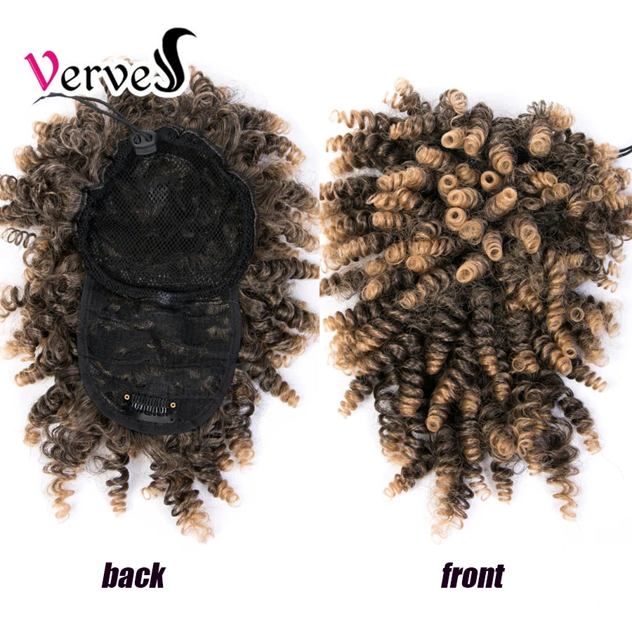 High Puff Afro Kinky Curly Synthetic Ponytail with Bangs Ponytail Hair Extension Drawstring Short Afro Pony Tail Clip in