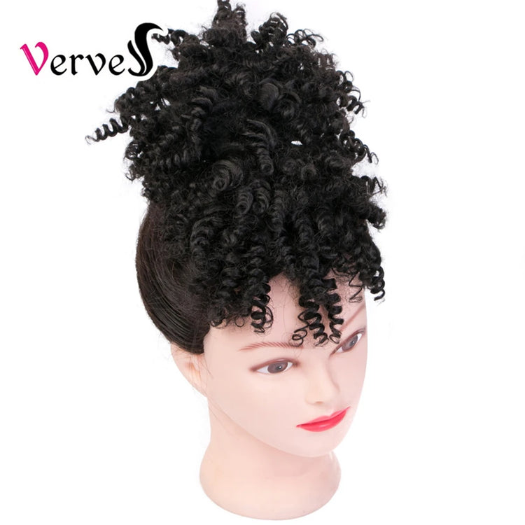 High Puff Afro Kinky Curly Synthetic Ponytail with Bangs Ponytail Hair Extension Drawstring Short Afro Pony Tail Clip in