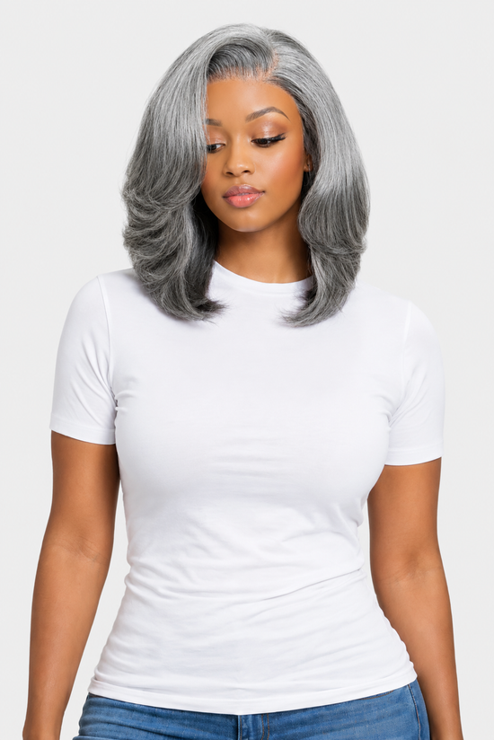 Layered Blowout Salt & Pepper Glueless Human Hair Wig Pre Cut 6.5X1.5 Lace Short Bob Side Part Grey Wig 150% Density