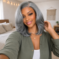Layered Blowout Salt & Pepper Glueless Human Hair Wig Pre Cut 6.5X1.5 Lace Short Bob Side Part Grey Wig 150% Density