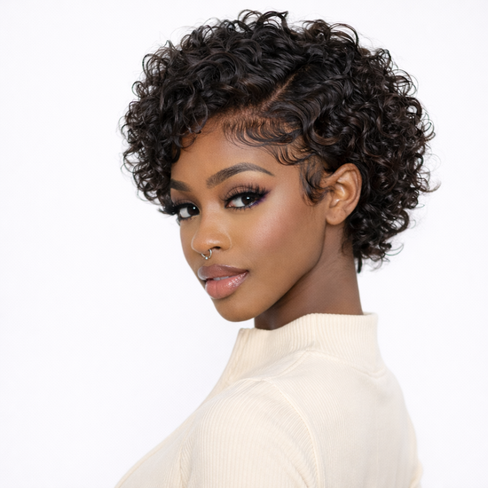 Short Pixie Cut Curly Lace Front Wigs Brazilian Remy Colored Human Hair Ombre Human Hair Wig HD Lace Front Wigs Pre Plucked 1 Inch Hairline Water Wave Pixie Cut Wigs for Black Women (