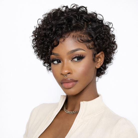 Short Pixie Cut Curly Lace Front Wigs Brazilian Remy Colored Human Hair Ombre Human Hair Wig HD Lace Front Wigs Pre Plucked 1 Inch Hairline Water Wave Pixie Cut Wigs for Black Women (