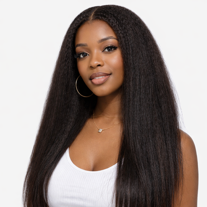 Kinky Straight V-Part U-Part Human Hair Wig – 150% Density, Minimal Leave-Out