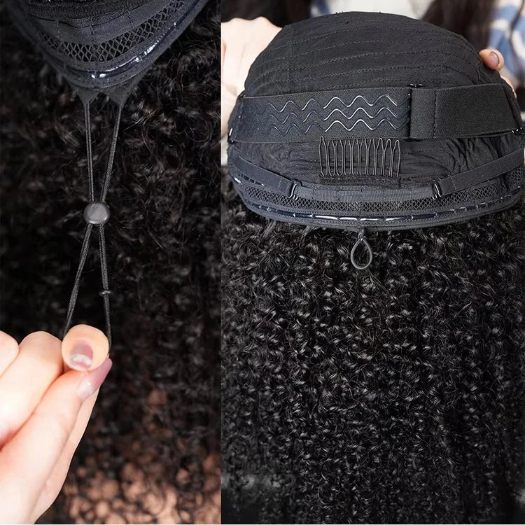 Kinky Curly Half Wig Human Hair Wear and Go Seamless Water Wave 3 in 1 Half Wig Glueless Headband Clip in Wig No Sew in Black