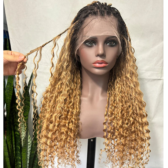 Honey Blonde Braided Wigs Ombre Brown Color Full Lace Human Hair Wig Knotless Boho Box Braids Wig Preplucked 300% Density