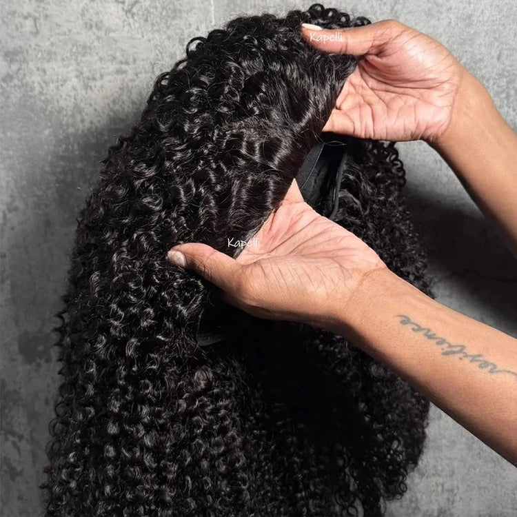 Kinky Curly Half Wig Human Hair Wear and Go Seamless Water Wave 3 in 1 Half Wig Glueless Headband Clip in Wig No Sew in Black