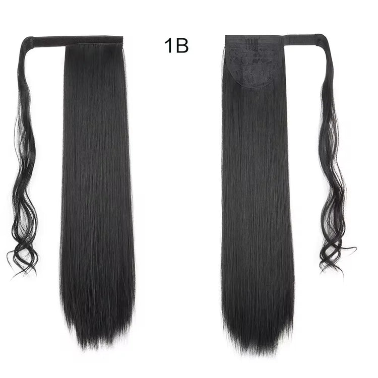 23 Inch Long Straight Ponytail Hair Clip In Synthetic Extensions Heat Resistant Hair Wrap Around Pony Hair Piece For Women