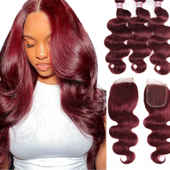 99J Burgundy Body Wave Bundles with 4x4 Closure – 30 Inch