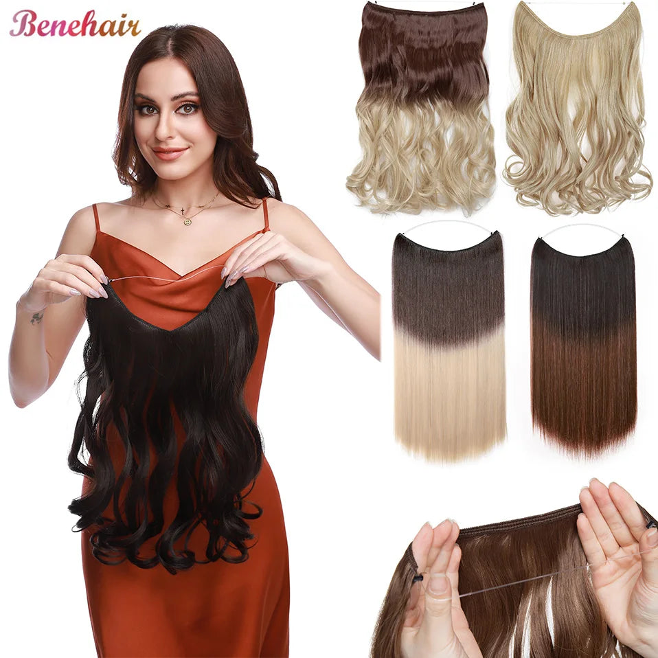 BENEHAIR Synthetic Invisible Wire No Clips In Hair Extensions Secret Fish Line Hairpieces Hair Extensions For Women Daily