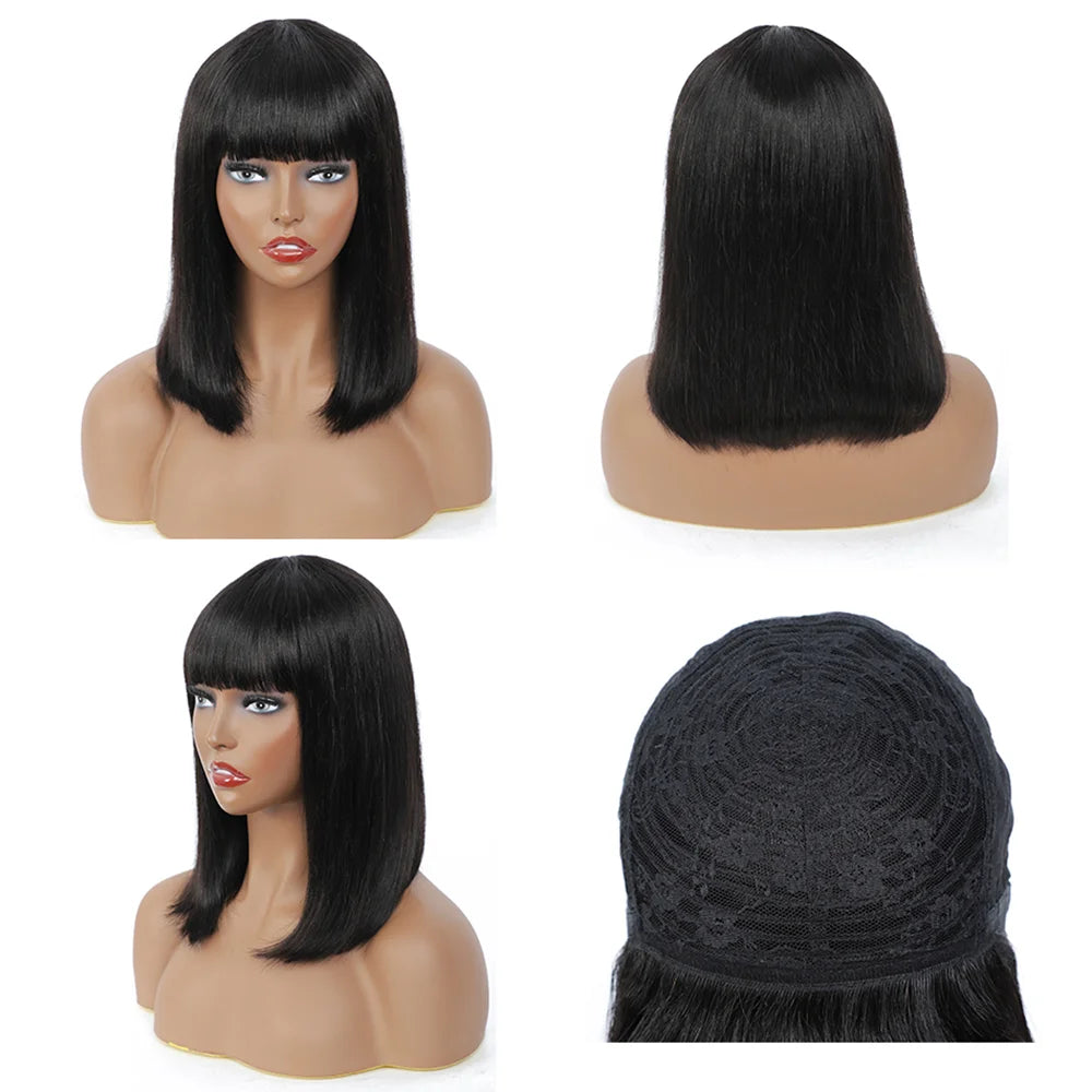 180% Density Straight Bob Wig with Bangs Short Full Machine Made Human Hair Wig Natural Bob Human Hair Wig with Bangs for Women