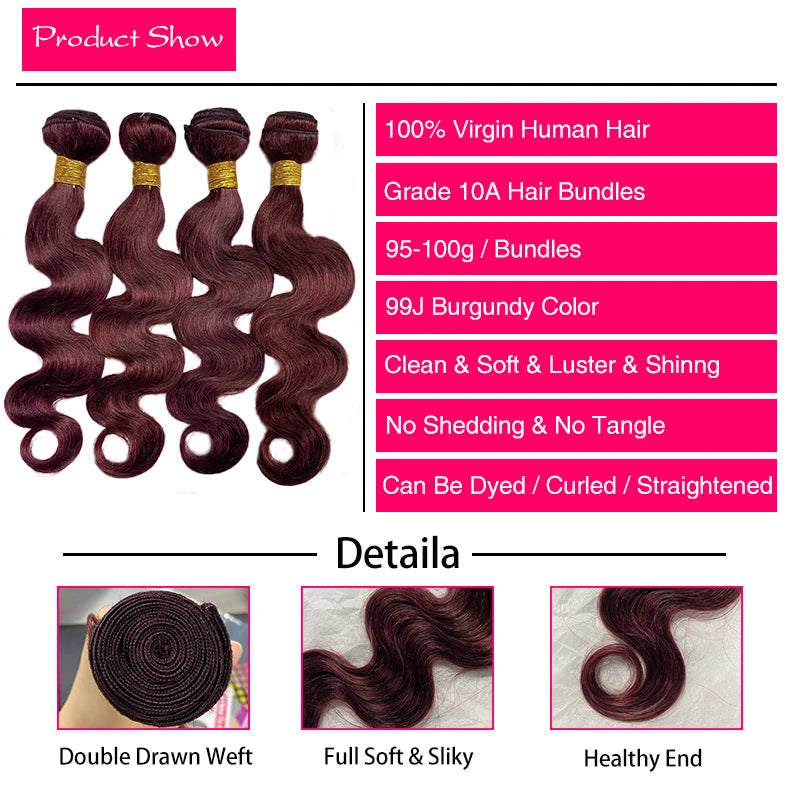 99J Burgundy Body Wave Human Hair Bundles Brazilian Wavy 3/4 Bundles Human Hair Colored Wind Red Hair Bundles