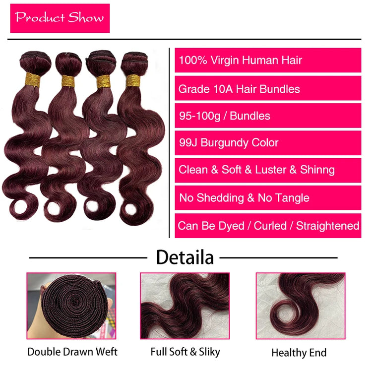 99J Burgundy Body Wave Human Hair Bundles Brazilian Wavy 3/4 Bundles Human Hair Colored Wind Red Hair Bundles