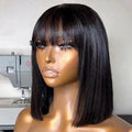 180% Density Straight Bob Wig with Bangs Short Full Machine Made Human Hair Wig Natural Bob Human Hair Wig with Bangs for Women